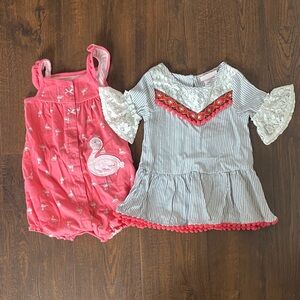 Little Lass & Child Of Mine 18M Pink Flamingo Jumpsuit & Crochet Striped Dress